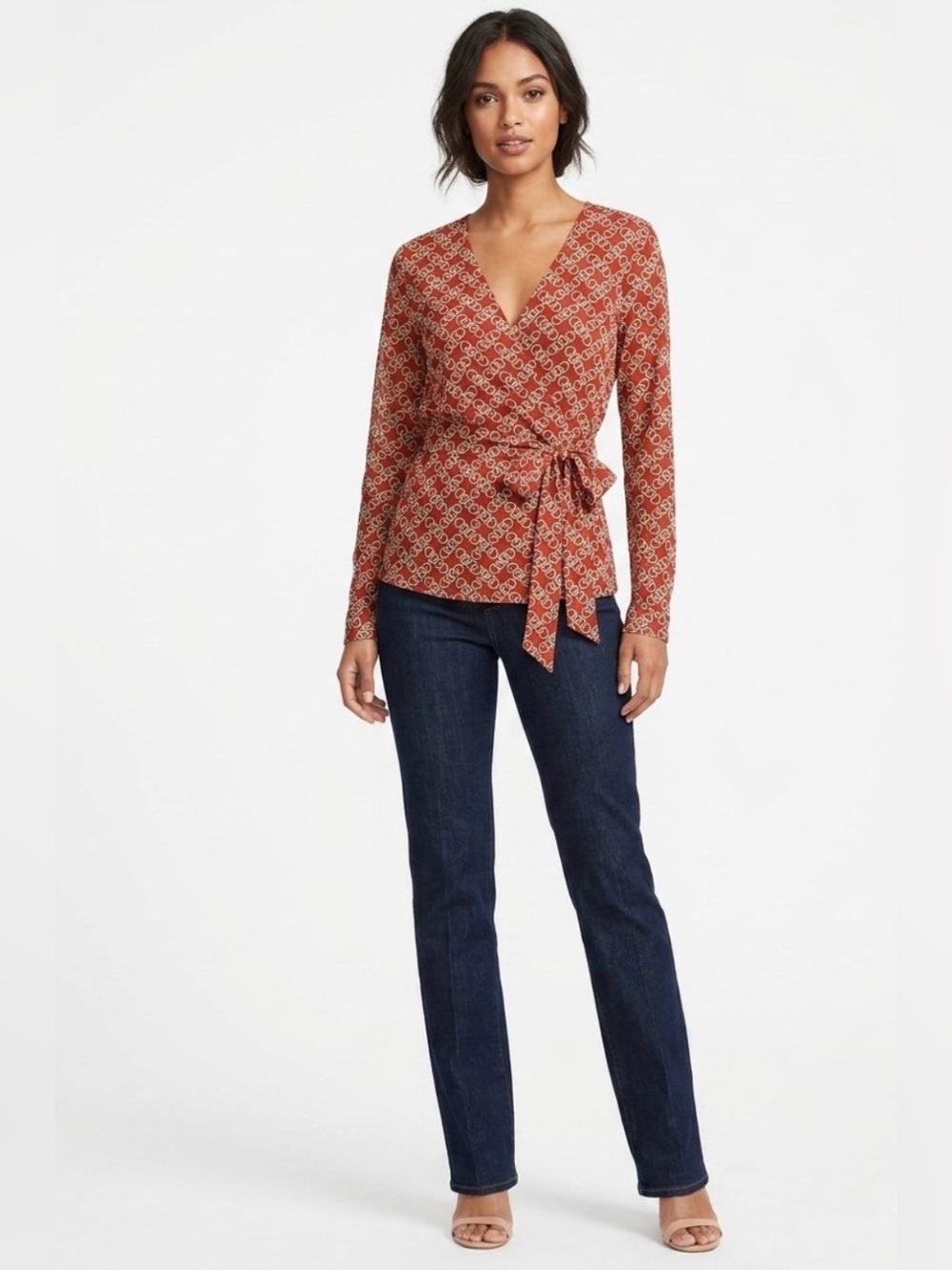 CAbi Rust Red & Ivory Long-Sleeve Wrap Top Stretch Mesh Chain Pattern Fall M